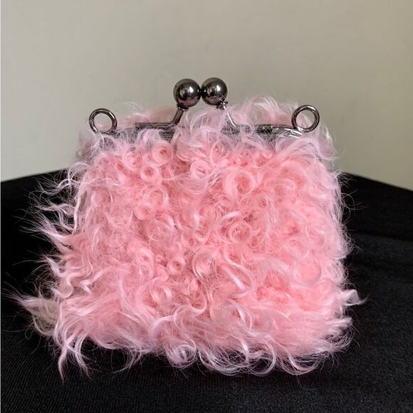 Pink Real Shearling Handmade Kisslock Mini Clutch, Coin Pouch, Crossbody - Picture 6 of 11